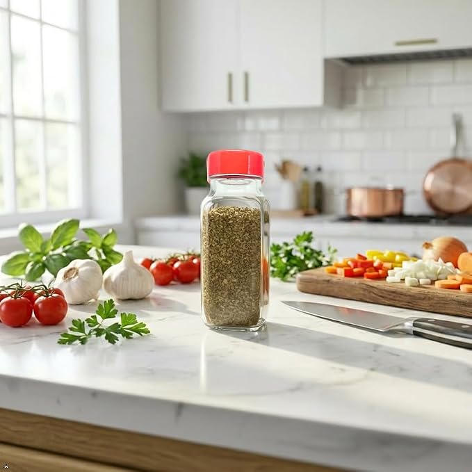 Glass Spice Jars with Shaker Lids - Spice Jars 16 oz for Food Storage, Spice Containers for Kitchen Organization, Organizing Bottles for Spices (French Square Red - 2pack)