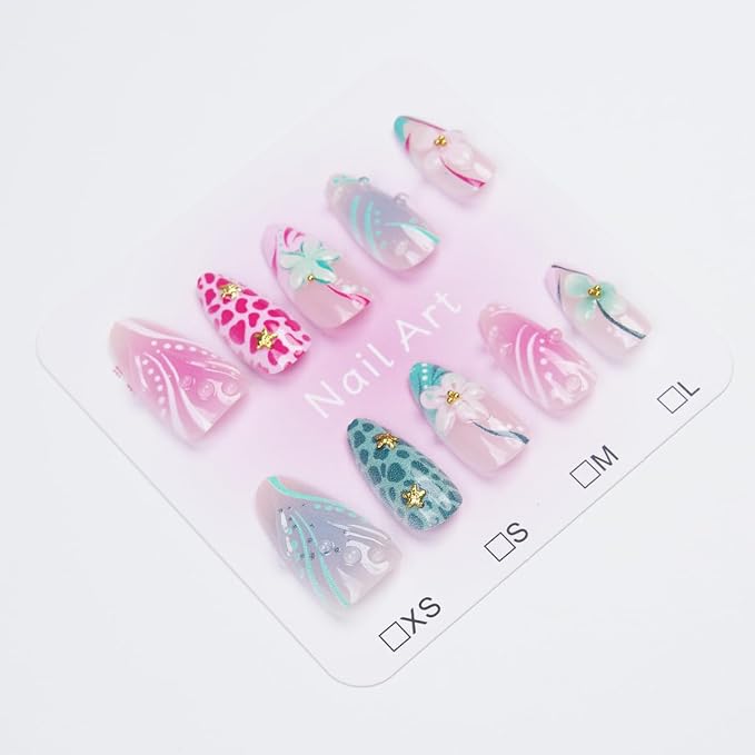 30Pcs Medium Press On Nails Almond Shape Pink Green Tropical Summer Fake Nails with Gold Starfish Pearl Design Beach False Nails 3D Floral Glue on Nails Reusable Acrylic Nails Press Ons for Women
