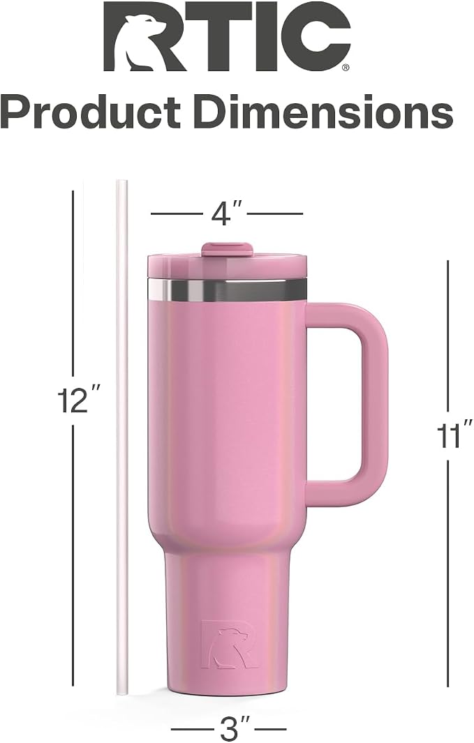 RTIC 40oz Road Trip Tumbler, Insulated, Ceramic Lined, Dusty Rose Glitter | with Lid, Handle and Straw, Stainless Steel Metal Cup, Portable for Hot and Cold Drinks, Coffee, Car, Camping, Travel