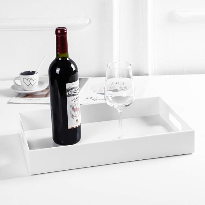 Sooyee Acrylic Serving Tray with Handles, 16" x 12", White | DecorativeTray, Plastic Tray For Breakfast, Tea, Food, Butler, Coffee Table, Ottoman, Vanity, Countertop