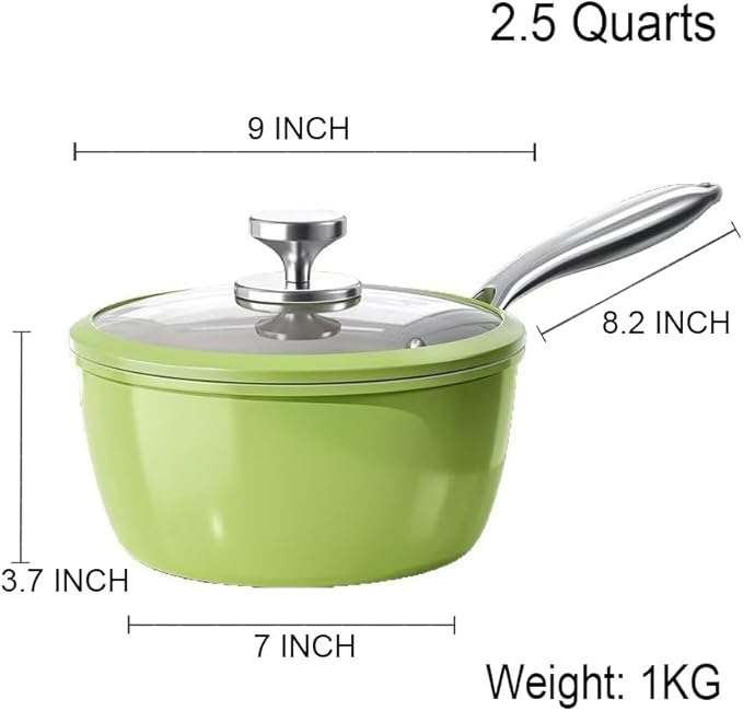 Nonstick Ceramic Saucepan with lid, Small Cooking Pot with handle, Induction Comptable (Green, 2.5 Quarts)