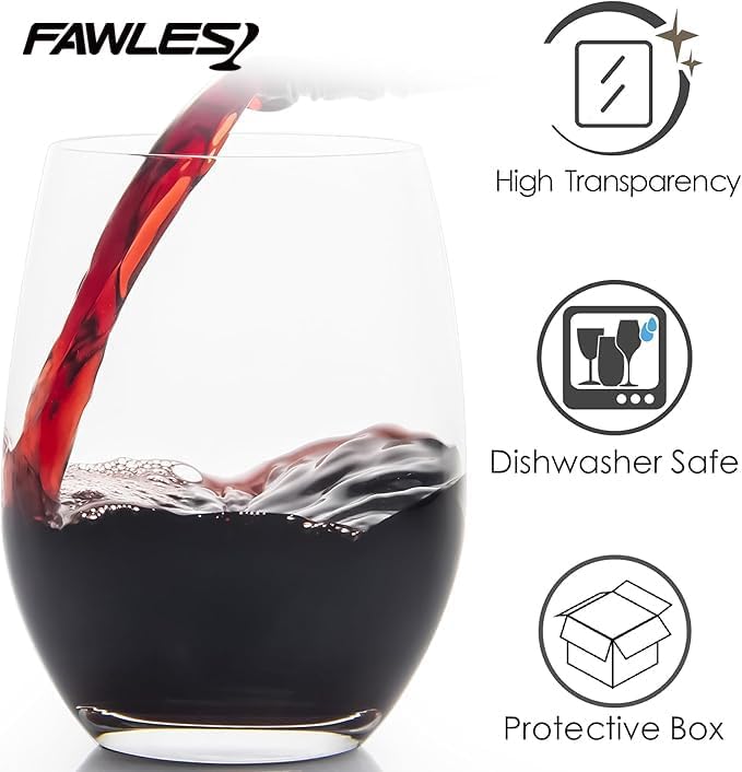 FAWLES Stemless Wine Glasses Set of 12, 15 Ounce Smooth Rim Standard Wine Glass Tumbler for Red, White Wine, Dishwasher Safe