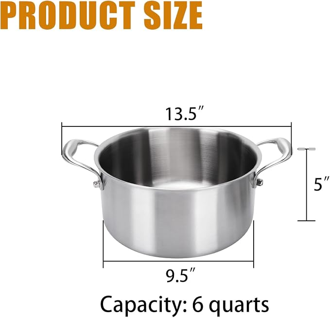 6 Quart 5-Ply Clad Stainless Steel Stock Pot With Lid Fast Heat Conduction | 5ply Stainless Steel Pot Fully Clad Compatible with All Cooktops for Family Meals & Batch Cooking
