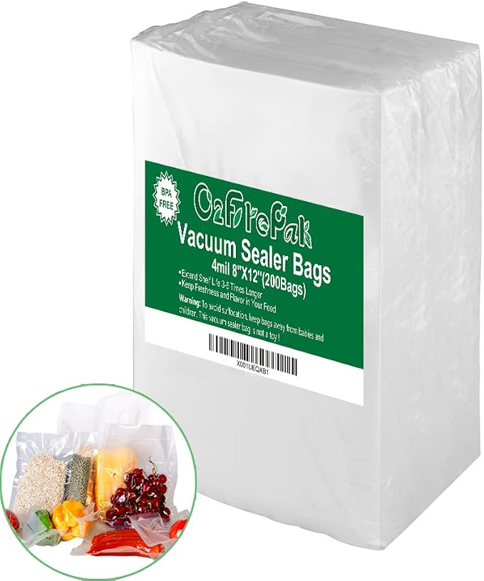 O2frepak Quart 4mil 8"x12" Vacuum Sealer Bags 200ct for Food Storage | BPA Free PreCut Food Grade,Commercial Grade,Heavy Duty Vacuum Food Freezer Bags,Great for Sous Vide Vacuum Sealer