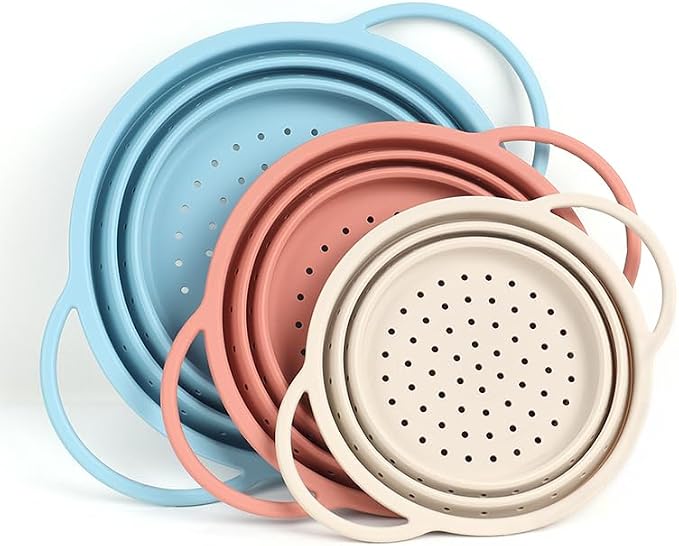 SelectShen™ Collapsible Silicone Colander Set, Stainless Steel Rim (3 Pk) | Heat-resistant, dishwasher-safe platinum silicone strainers. Sturdy stainless steel rim. BPA-free, space-saving, set of 3