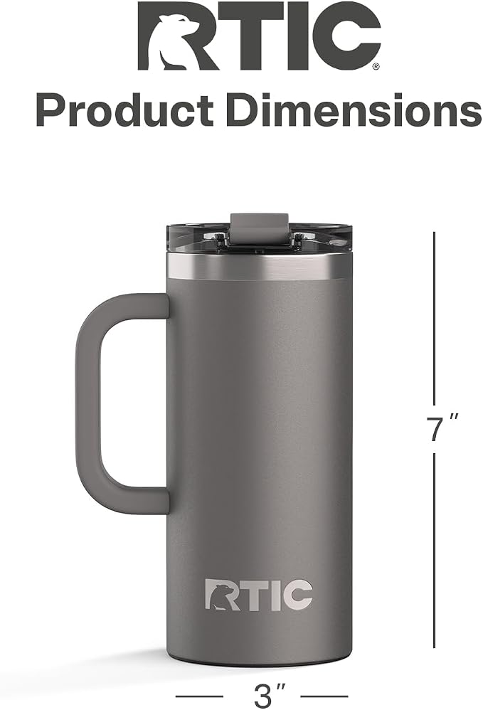 RTIC 16oz Road Trip Travel Mug with Lid and Handle, Ceramic Lined, Graphite | Stainless Steel Metal, Insulated Travel Cup for Hot and Cold Drinks, Coffee, Car, Camping and Travel