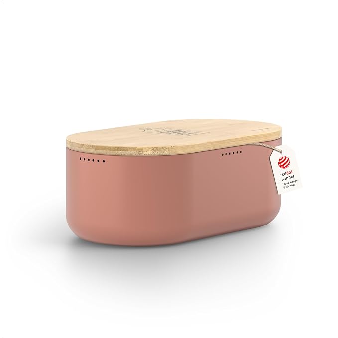 LARS NYSØM Bread Box I Metal Box for long lasting freshness I Bread Bin with bamboo lid usable as cutting board I 13.8x7.7x5.3 In (Brick Red)