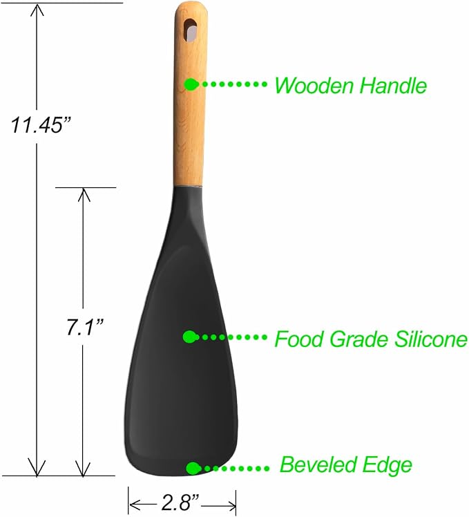 Cooking Spoon for Nonstick Cookingwares, Silicone Spatula Spoon for Mixing, Scoop, and Scrape, (Black-2 pack, 11.4'')