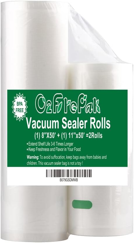 O2frepak 2RL Vacuum Sealer Bags Rolls 8"x50'(1)+11"x50'(1) for Food Storage | BPA Free Food Grade,Commercial Grade,Customized Size,Heavy Duty 2Pack Food Sealer Bags Rolls,Great for All Vacuum Sealer