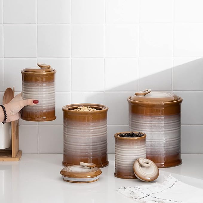 Nihow Food Storage Jar,Ceramic Canister Sets for The Kitchen,Set of 4,Brown | Air Tight Lid,Seal Damp-proof,For Flour/Sugar/Rice/Coffee/Cookies/Candy,Kitchen Counter