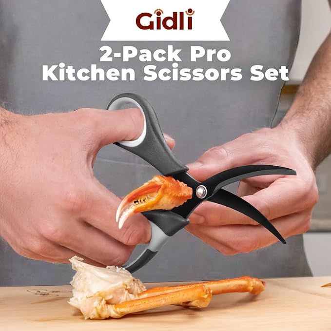 Titanium Coated Kitchen Scissors 2-Piece Set - Lifetime Replace. Warranty* | Gidli Heavy Duty Sharp Kitchen Shears for Meat, Poultry, Herbs and Food Prep Includes 7" Seafood Scissors with Ergonomic Grip