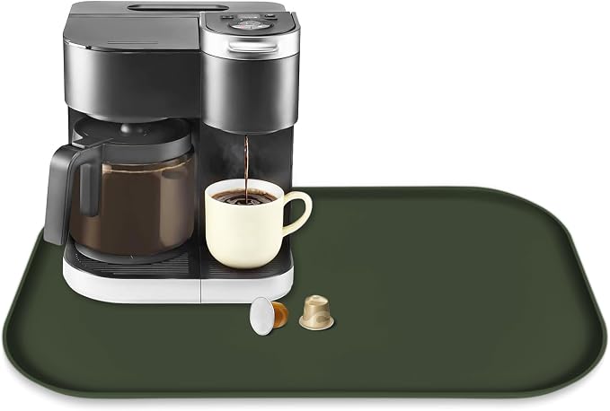 Silicone Coffee Maker Mat with Lip for Countertops, 24'' x 16'' Dark Green | Multi leak-proof coffee tray for countertop, non-slip silicone mat fits most coffee makers & espresso machines, wipe-clean