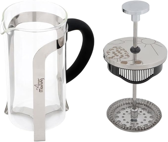 Any Morning French Press Coffee and Tea Maker, Borosilicate Glass Coffee Press, Stainless Steel Filter, Durable and Heat Resistant, Silver (600 ml, 20 oz, 2 Cup)