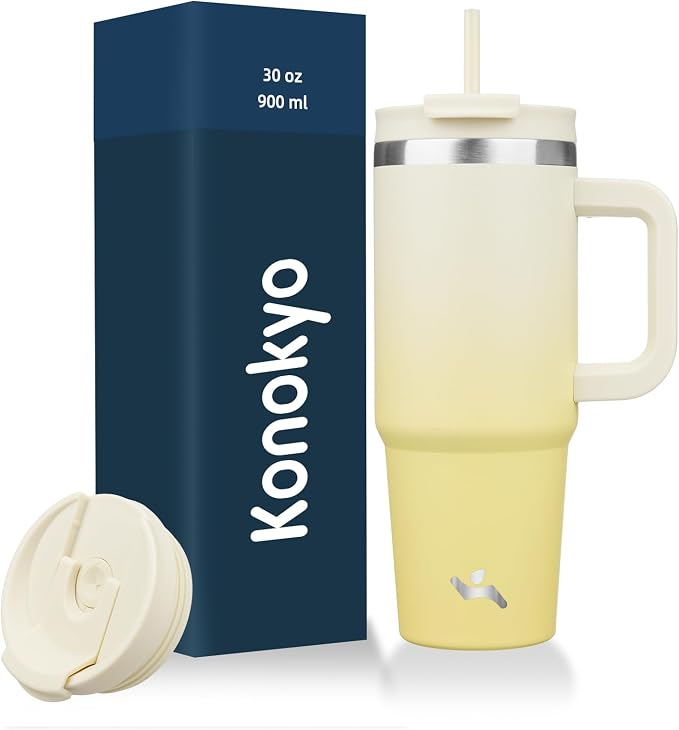 Konokyo 30 oz Insulated Tumbler Water Bottle with Handle, Straw Lid | BPA-free and dishwasher safe; made for gym, travel, coffee and gifting, 2 straws, cup holder friendly,Lemon