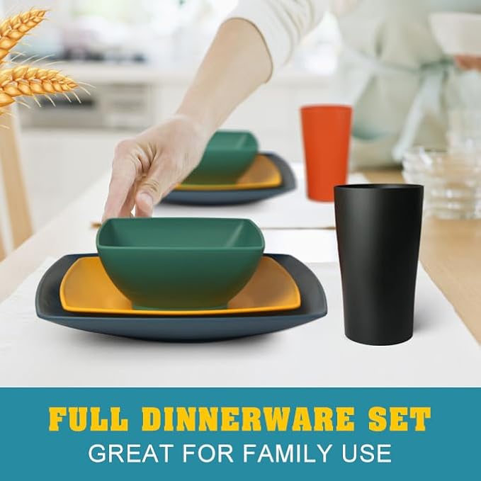 Teivio 40-piece Kitchen Wheat Straw Square Dinnerware Set,Service for 10, Unbreakable Dinner Plates, Salad Plates, Snack Bowls, Cups 13.5 oz, Colorful Plastic,Dishwasher Safe Dishes, Autumn Multicolor
