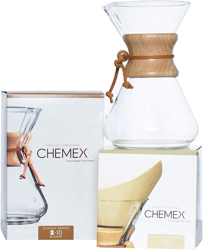 Chemex Pour Over Coffee Maker Set, 10 Cup Glass Carafe + 100 Filters 50oz | Large Manual Drip Brewer with Square Bonded Filters, Borosilicate Glass, Coffee Gift Set