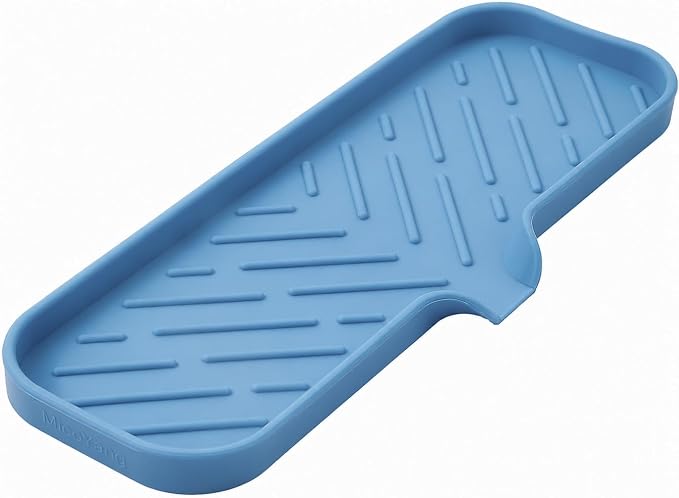 MicoYang Silicone Soap Dish with Drain Spout — Self-Draining Double Sink Organizer Tray for Kitchen & Bath, Dispensers, Sponges & Soap Holder, Non-Slip & Dishwasher Safe, Lichen Blue (Large, 12"×4")