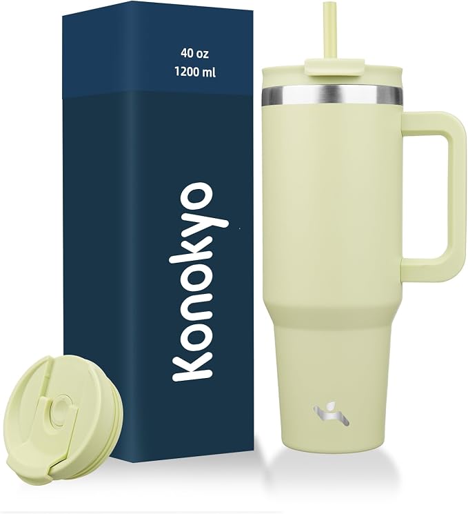 Konokyo 40 oz Insulated Tumbler Water Bottle with Handle, Straw Lid | BPA-free and dishwasher safe; made for gym, travel, coffee and gifting, 2 straws, cup holder friendly,Macaron Green