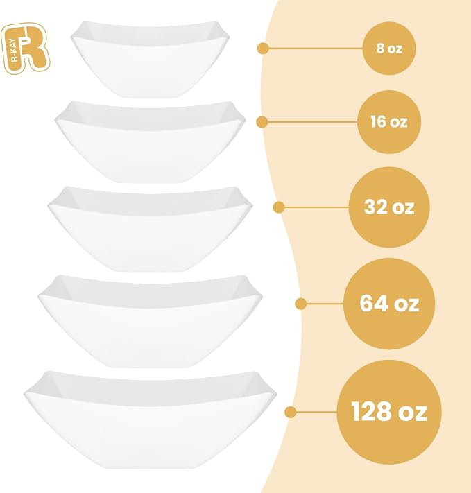 R-kay 6 Pack Square Extra Large Plastic White Serving Bowls -128 Oz White Plastic bowls - Salad Bowls Large Serving, Premium Heavy Duty For Weddings Catering And Birthday parties