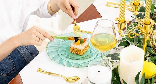 YOUBET 125PCS Clear Green Plastic Plates with Gold Rim for Wedding Party | Green and Gold Plastic Plates Include 25 Dinner Plate 25 Dessert Plate 75 Disposable Silverwares