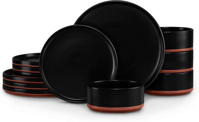 LIANYU 12 Pieces Porcelain Dinnerware Set, Dishes Set for 4, Charcoal Black | High-Fired Ceramic Plates and Bowls Set for 4, Chip & Scratch Resistant, Microwave Dishwasher Safe