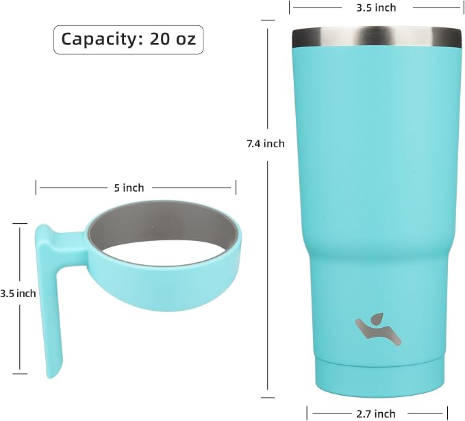 Konokyo 20 oz Tumbler with Handle and Straw, Insulated Travel Mug | Turquoise; BPA-free, leak-proof tumbler with 2 lids, 2 straws, cup holder fit for coffee, office, travel & daily use