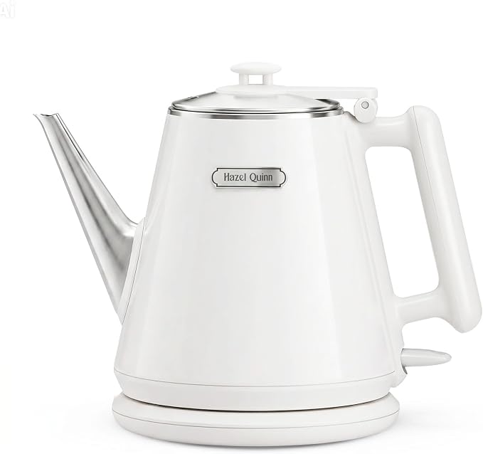 Hazel Quinn Electric Kettle, 1L/34oz Small Tea Kettle - Pearl White | 800W Fast Boil, 304 Stainless Steel Interior, Double-Wall Cool Touch, Gooseneck Spout, Auto Shut-Off, BPA-Free Cordless Home