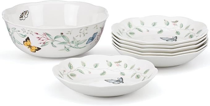 Lenox Butterfly Meadow Porcelain 7-Piece Bowl Set for 2 | dishwasher safe | plates and bowls sets for kitchen and dining | 84oz capacity, 10 inch diameter | 3.5 inch