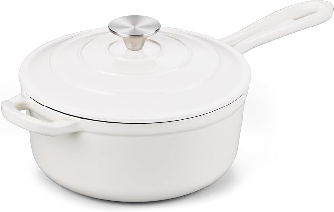 Onader Enameled Cast Iron Saucepan, 3 QT Sauce Pan with Lid, Cast Iron Small Sauce Pot for Cooking, Enamel Dutch Oven Nonstick, Induction Compatible, Heavy Duty – White