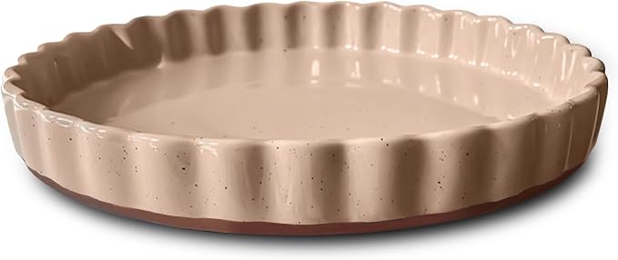MORA Ceramic Tart Pan, 9.5 Inch Large Porcelain Baking Dish for Tarts, Quiche, Pie, Flan etc. Fluted Ruffled Edge, Oven, Microwave, Freezer, and Dishwasher safe - Great Gift For Bakers - Chai