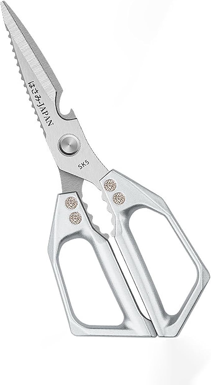 Heavy Duty Rust Proof Multi-Purpose Kitchen Shears(Silver) | Suitable for Chicken, Fish, Steak and Vegetables. Built-In Fish Scaler & Bottle Opener, Dishwasher Safe.