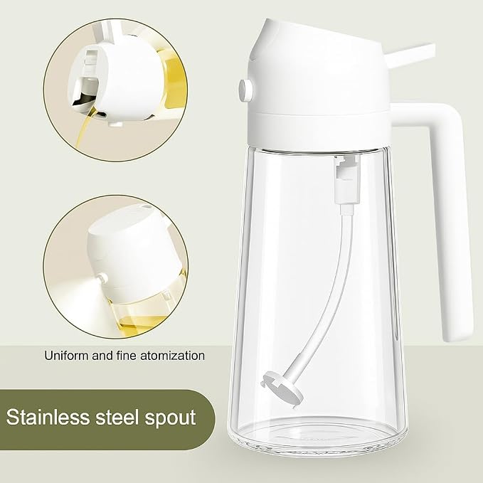 Glass Olive Oil Sprayer 16oz/470ml – 2-in-1 Oil Dispenser & Spray Bottle for Cooking, Portion Control, Salad, Air Fryer, BBQ – Leak-Proof, Fine Mist Bottle with 6 Decorative Labels (White)