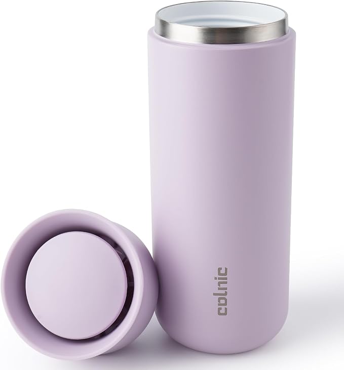 Ceramic Lined Travel Coffee Mug 360° Lid, 16 oz Insulated Coffee Tumbler | Leak Proof, Fits Cupholder, Stainless Steel Vacuum, Keep Hot and Cold, Women Gifts Cup, 360° Sip Push-Button, Dusty Lilac,