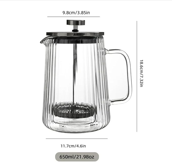 French Press Coffee Maker – 650ml / 22oz – Ribbed Glass Design – Borosilicate Glass with Stainless Steel Filter –Serves Small 4–5 cups