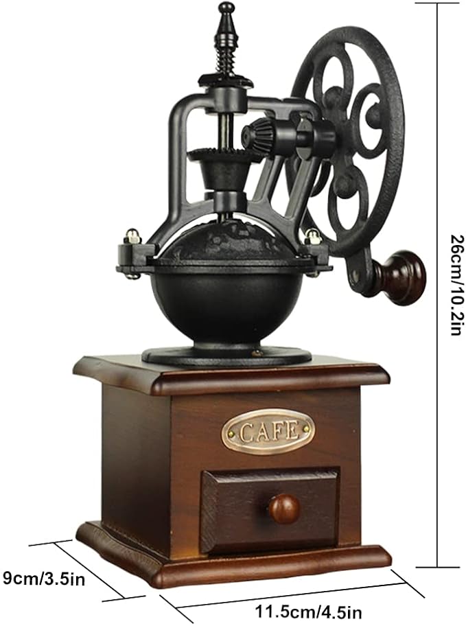 Burr Coffee Grinder, Vintage Style Wooden Hand Grinder | Hand Crank, Classic French Press Coffee Mill, Coffee Bean Grinder, Includes Brush