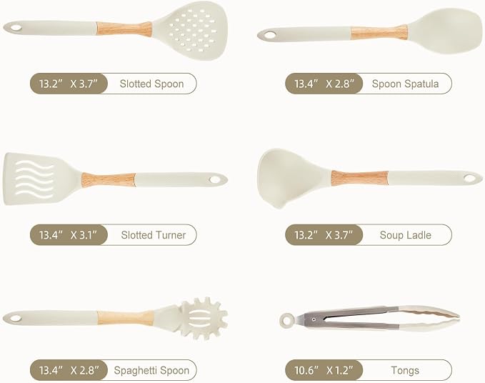 Kitchen Utensils Set - 7 PCS Non-Stick Silicone Cooking Utensils Set Spatula Set with Holder, Wooden Handle Spoon,Tongs,Whisk Kitchen Gadgets Tools Set for Nonstick Cookware (Cream White-7Max)