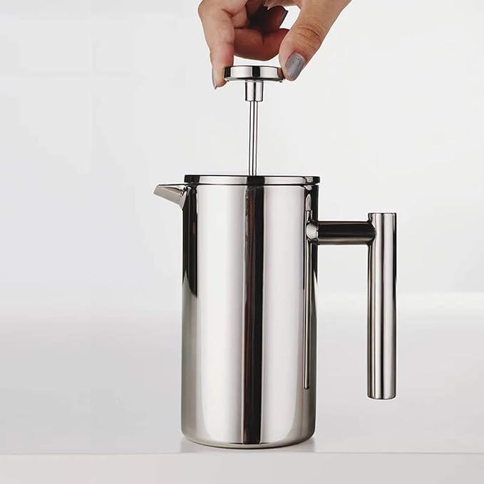 Small Stainless Steel French Press, 12oz Dual-Filter Coffee Plunger Pot Brewer and Maker for Individual Serving, Silver