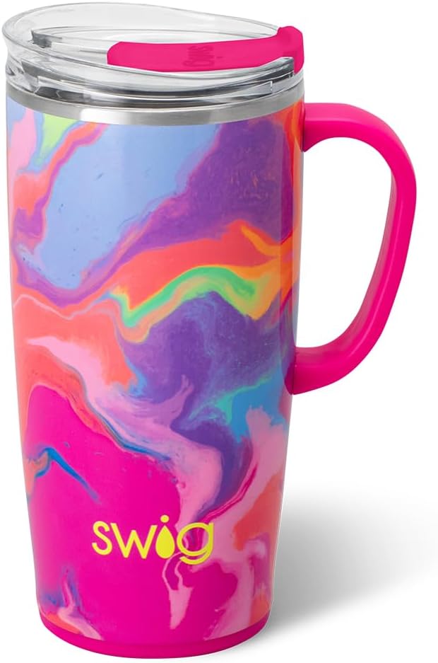 Swig Life 22oz Insulated Travel Mug with Handle & Lid, Candy Crush | Triple Insulated Stainless Steel - Handle & Lid Included - Keeps Coffee Hot or Cold - Cup Holder Friendly