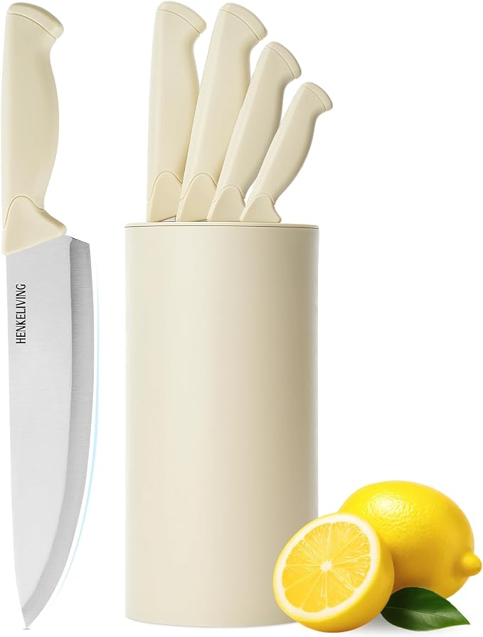 Knife Set, 6-Piece Kitchen Knife Set, German High Carbon Stainless Steel, Durable & Easy Clean Knife Block, Cream