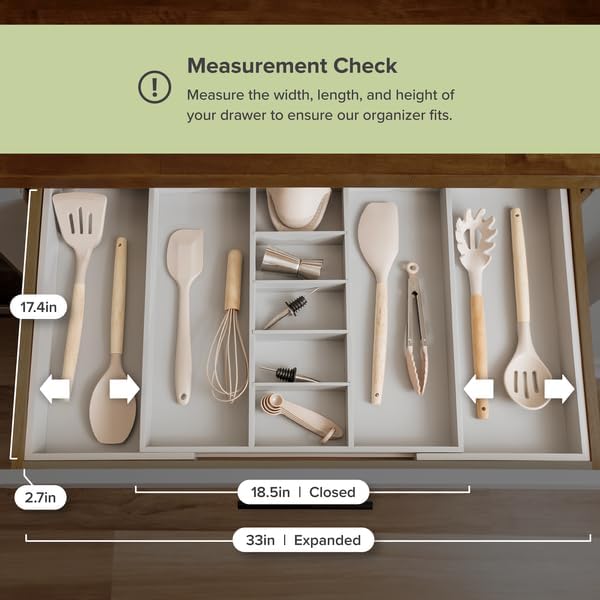 Utensil & Junk Drawer Organizer, 19-33 in, Gray Bamboo | Food-safe contract grade, 100% sustainable wood, non-slip, adjustable