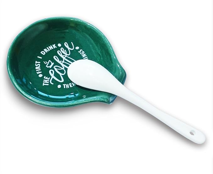 Littlefa Coffee Spoon Rest Holder-Coffee Bar Accessories-Blackish Green | Funny Ceramic Coffee Spoon Rest for Coffee Bar Accessories Essentials, Coffee Lovers Gifts, But First I Drink Sign