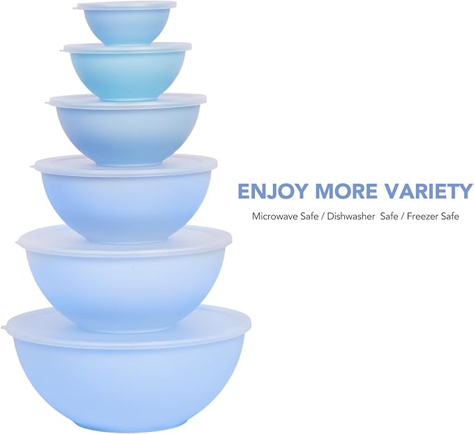 BoxedHome BPA Free Plastic Round Mixing Bowl with Lids, 12 Pack Nesting Bowls with Lids Set, Microwave and Dishwasher Safe Prep & Serving Bowls Great for Mixing, Baking, Serving (Pale Blue, 12pcs)