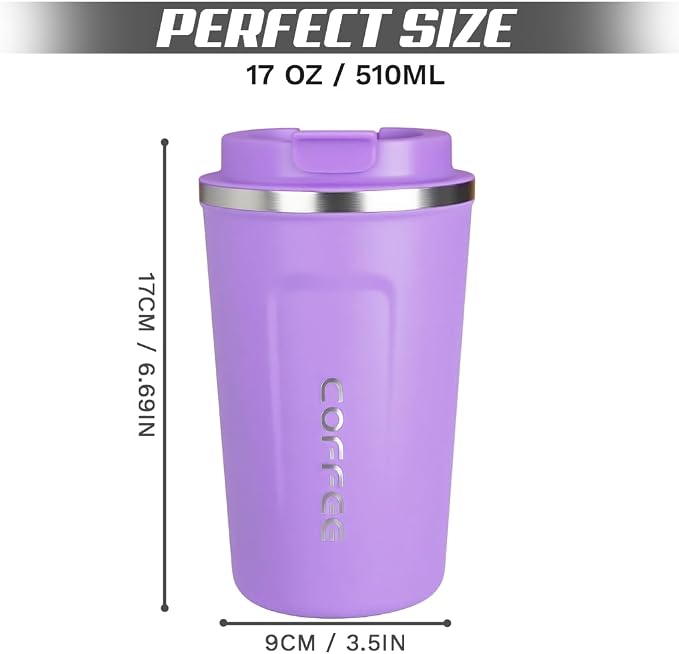 SPLMIFA Travel coffee mugs leak-proof, reusable coffee cup with lid, stainless steel vacuum insulated coffee tumblers, thermal insulation cups for men & women keep drinks hot & cold (2nd-Purple, 17OZ)