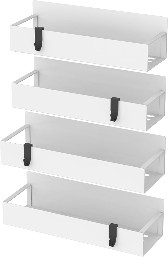 Metal Magnetic Spice Rack for Refrigerator with Hooks White | Magnetic Shelves Heavy Duty for Fridge in Kitchen, Seasoning Storage Organizer, For Oven Washer and Dryer, For Heavier Items