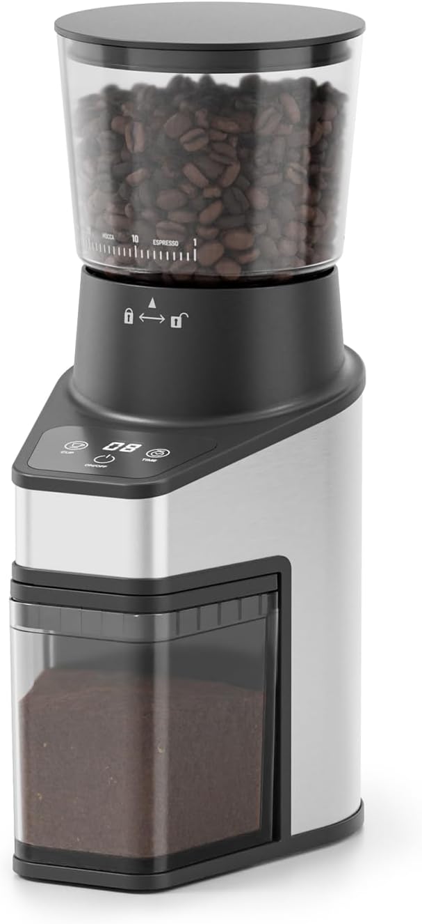 Conical Burr Coffee Grinder with 60 Settings and Touch Screen | 1-60s Timer & 1-8 Cup Dosing, Anti-Static, Removable Ring & Cone Burrs for Easy Cleaning, Low Noise for Home Use, Black