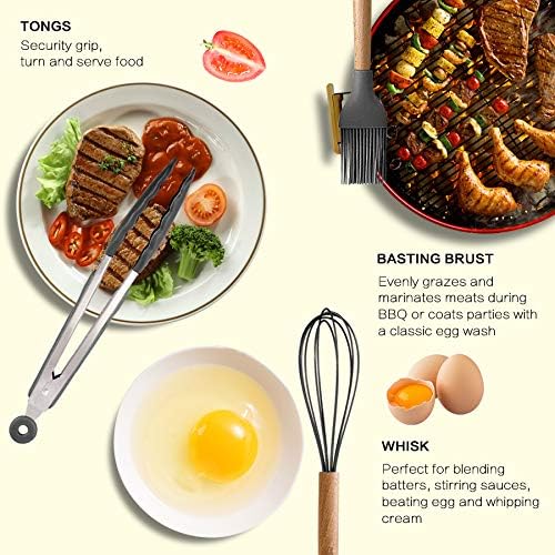 MIBOTE Silicone Cooking Kitchen Utensils Set, 17 Pcs, Wooden Handle, Grey | BPA-Free, Non-Toxic Silicone Turner, Tongs, Spatula, Spoon Set – Great for Nonstick Cookware, Heat-Resistant, Easy Clean