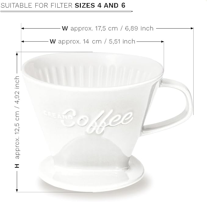 Creano XXL Porcelain Coffee Dripper White - Ceramic Cone Brewer - Pour Over Coffee Maker - Filter Size 4 - huge and heavy quality 800gr/28oz - 6 Colours availeble