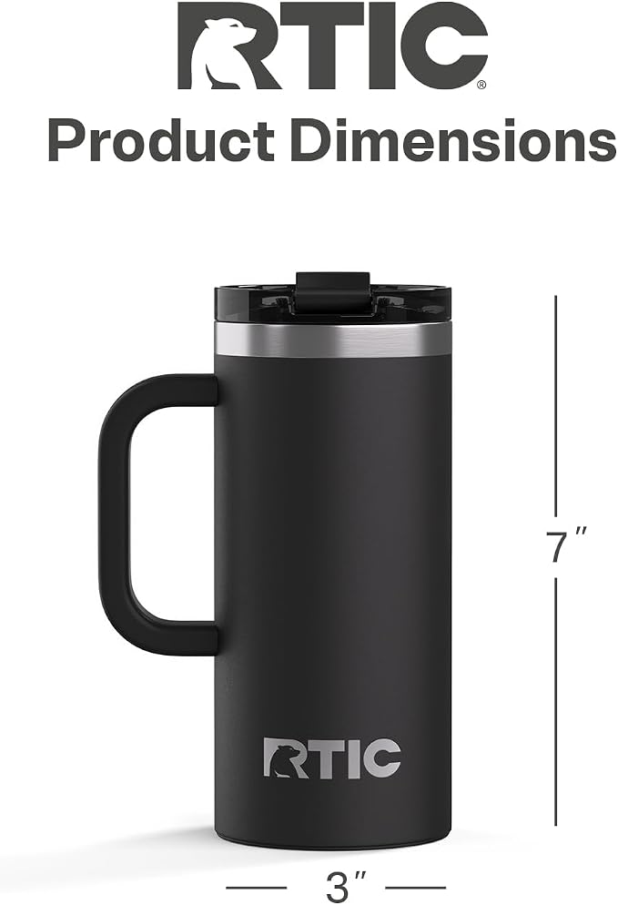 RTIC 16oz Road Trip Travel Mug with Lid and Handle, Ceramic Lined, Black | Stainless Steel Metal, Insulated Travel Cup for Hot and Cold Drinks, Coffee, Car, Camping and Travel