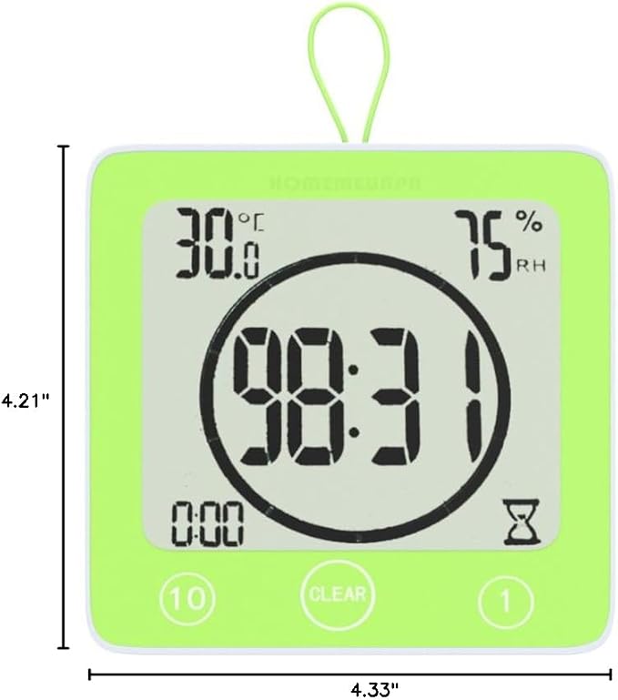 Waterproof Bathroom Wall Clock and Timer, Digital Water Resistant Hanging Timer for Shower, Large Display Kitchen Cooking Countdown Timers, Mirror Suction Clock with Temperature Humidity Meter (Green)