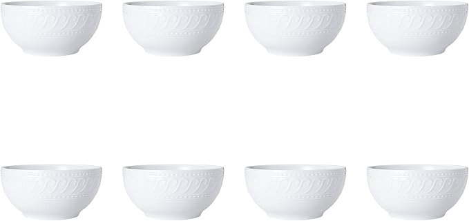 Pfaltzgraff Sylvia Dinnerware Set 32-Piece Service for 8 - White Porcelain Dinner Plates, Salad Plates, Soup Bowls and Mugs with Embossed Scrollwork
